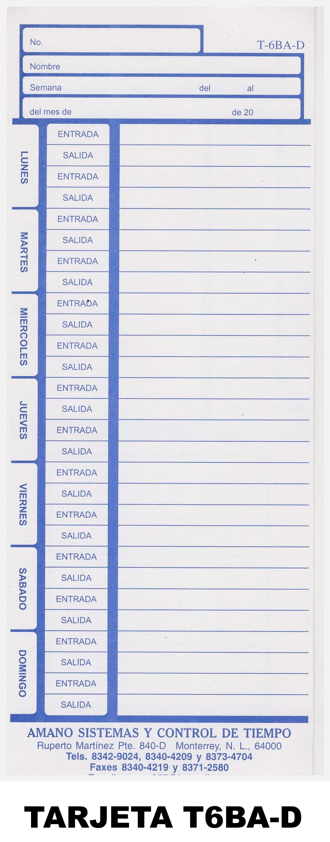 Tarjeta semanal blanca para relojes de impresión horizontal