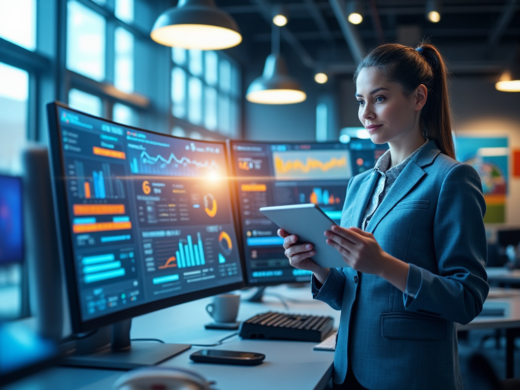 Businesswoman analyzing data on multiple computer screens in modern office