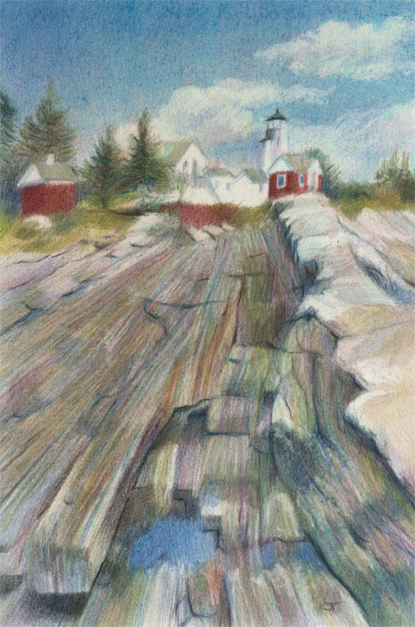 Bottom Up! Pemaquid Point Light (Coloured Pencil 10"x7")