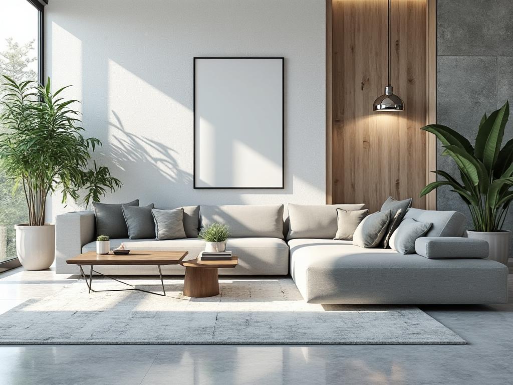 Sala de estar moderna con sofá gris, alfombra clara, plantas verdes en macetas y una lámpara colgante