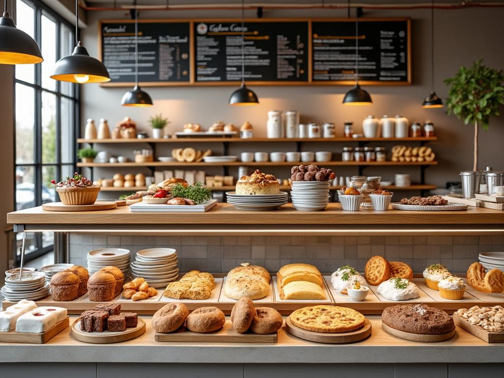 Mostrador de panadería con variedad de panes, pasteles y productos horneados; menú visible en el fondo.