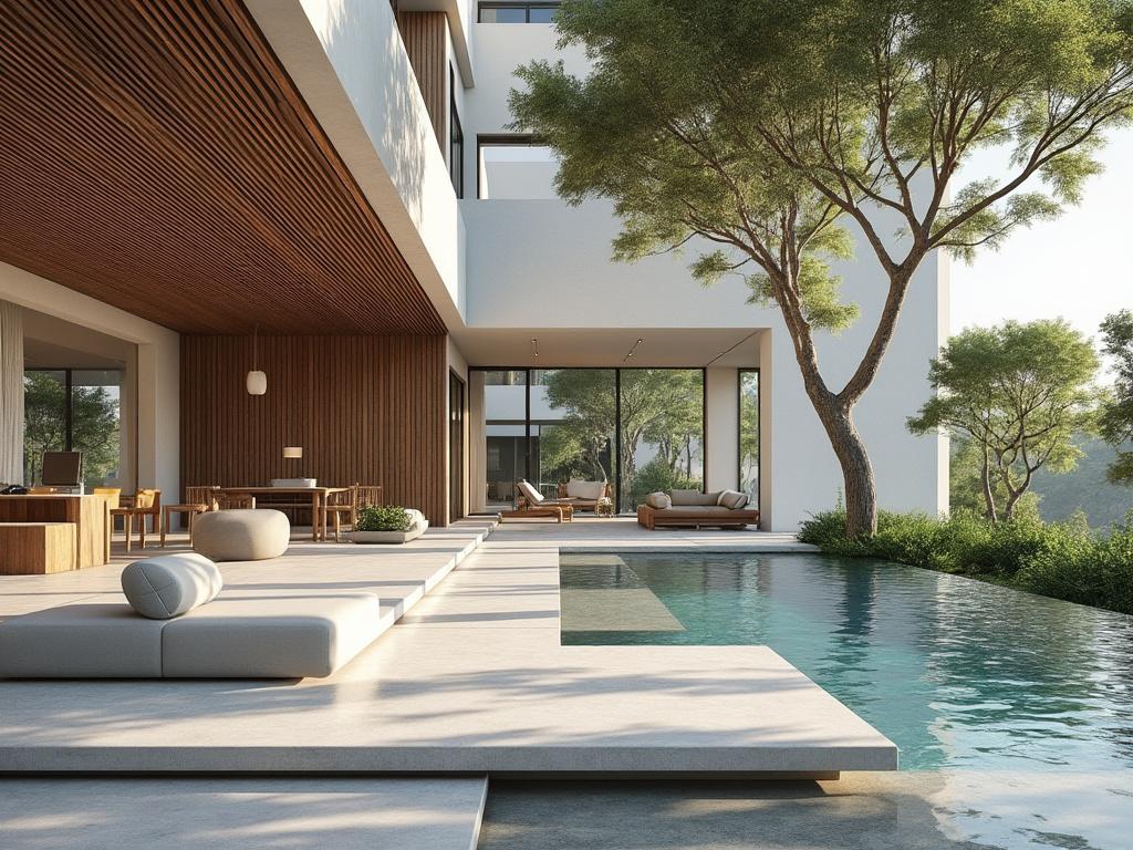 Casa moderna con piscina y árboles, diseño minimalista y líneas limpias.