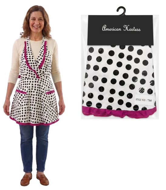 77045
APRON WHITE - BLACK POLKA DOTS
UPC: 70017575002
36 CS/PK
