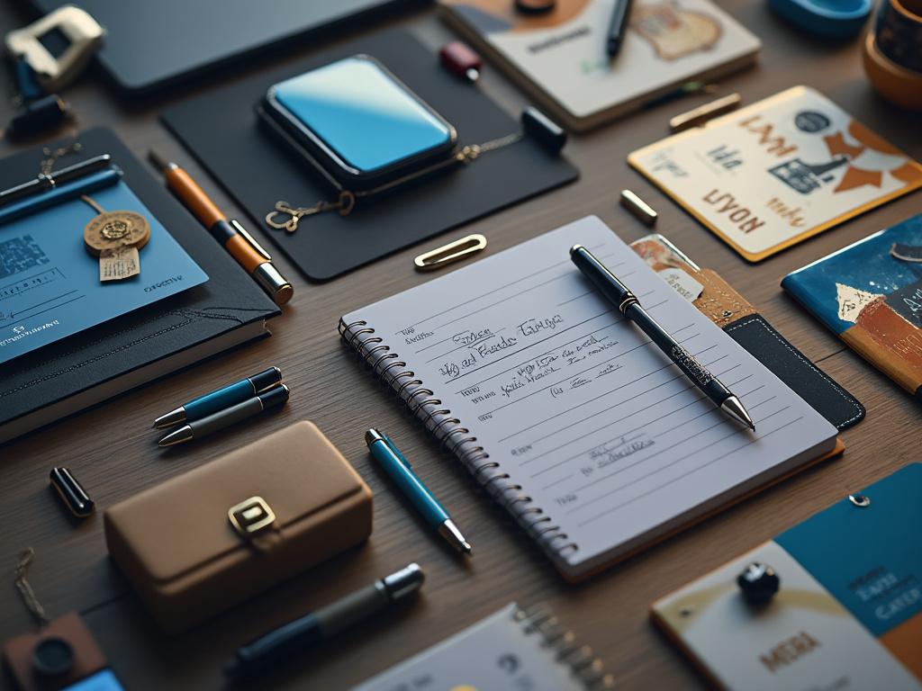 Mesa de oficina con libreta, bolígrafos y accesorios organizados