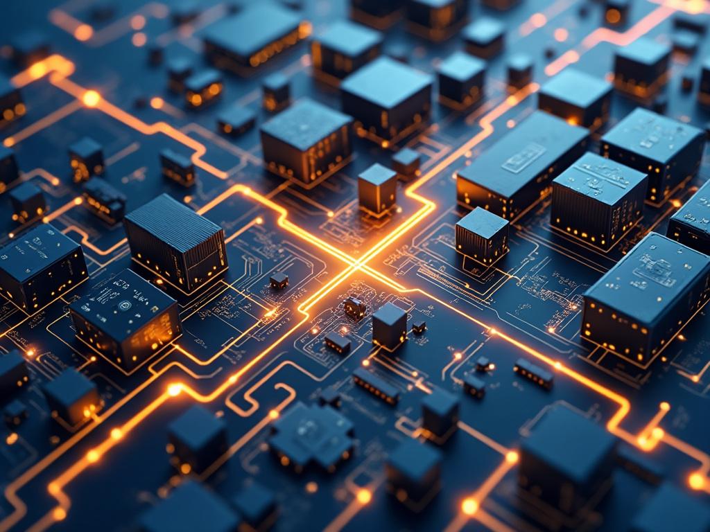 Placa de circuito impreso iluminada con patrones de luz naranja y componentes electrónicos.