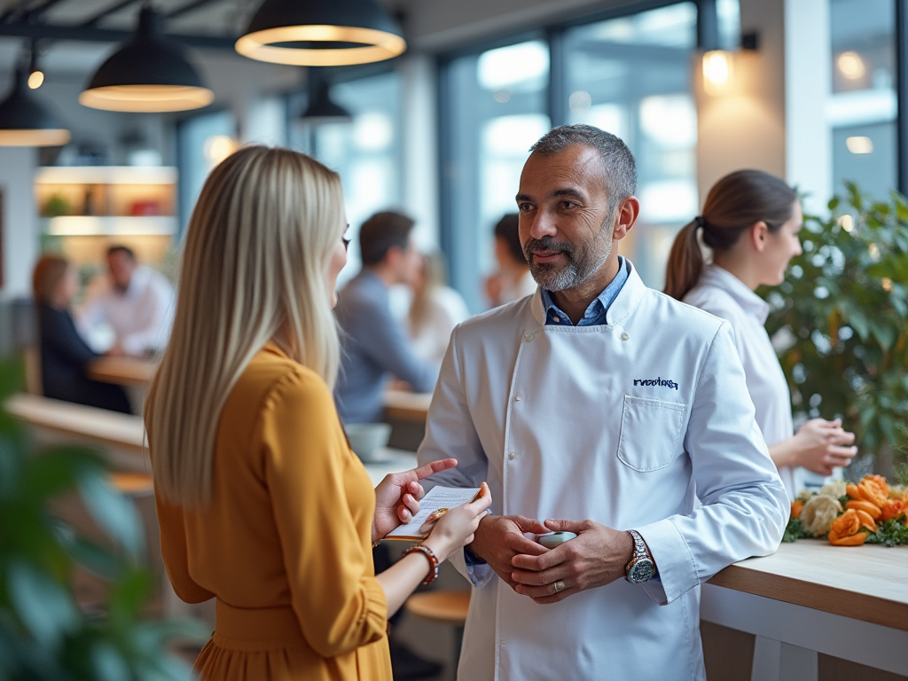 Chef in white coat talking with customer in modern restaurant dining area Chef in white coat talking with customer in modern restaurant dining area