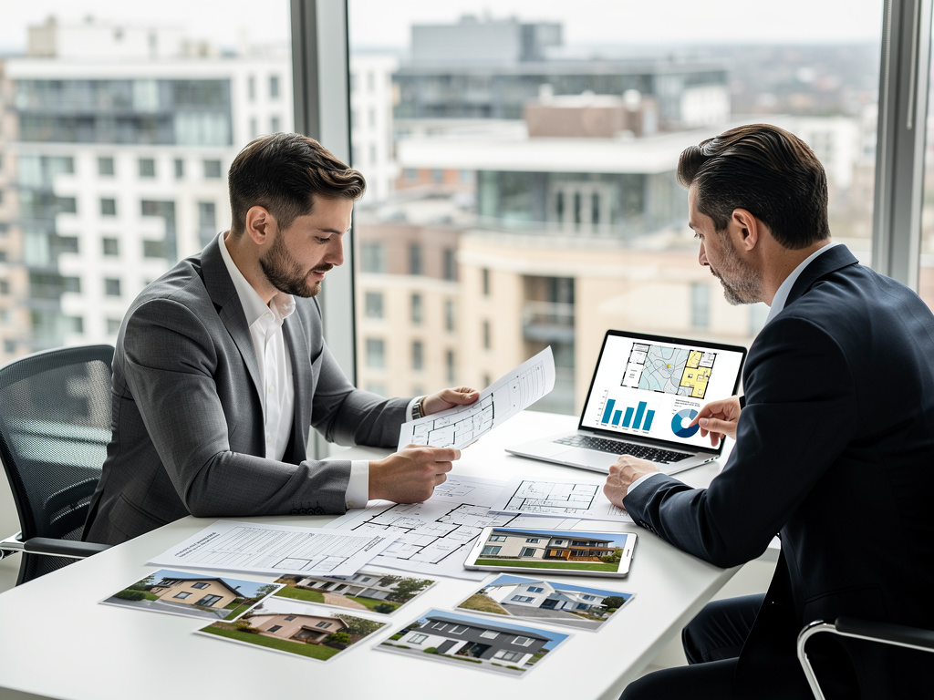 Agentes inmobiliarios analizando planos, propiedades y datos de mercado en una oficina moderna