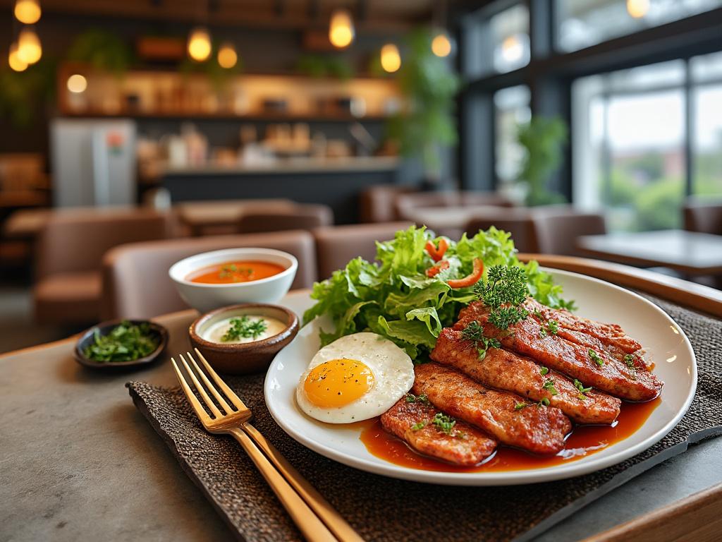 Plato de desayuno con huevos fritos y tocino, acompañado de ensalada verde y sopa en un restaurante elegante con iluminación cálida.
