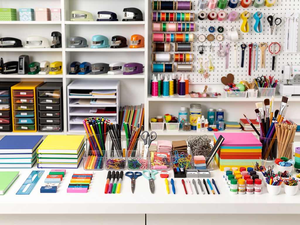 Material de oficina y manualidades organizado con lápices, papel de colores, grapadoras, hilos, pinceles y accesorios en estanterías
