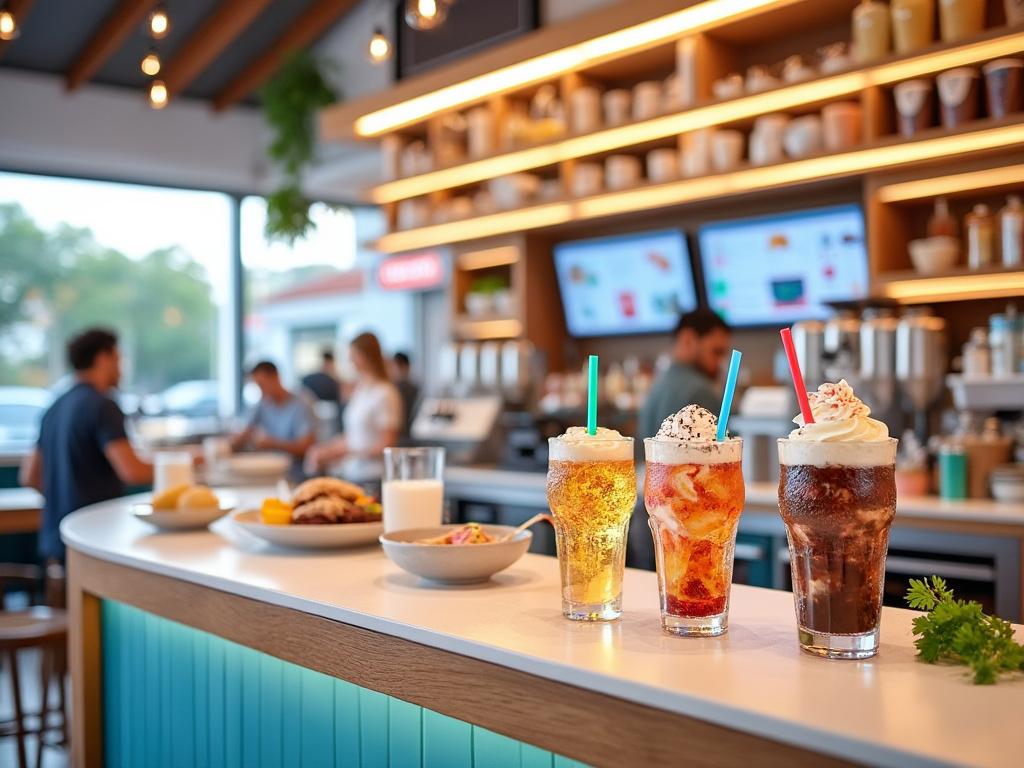 Tres bebidas frías en vasos con crema, y fondo de alegre cafetería con clientes y menú en pantalla.