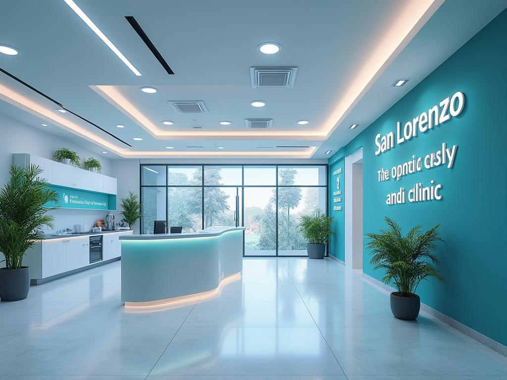 Recepción moderna de clínica con mostrador iluminado, plantas decorativas y gran ventana al fondo. Recepción moderna de clínica con mostrador iluminado, plantas decorativas y gran ventana al fondo.