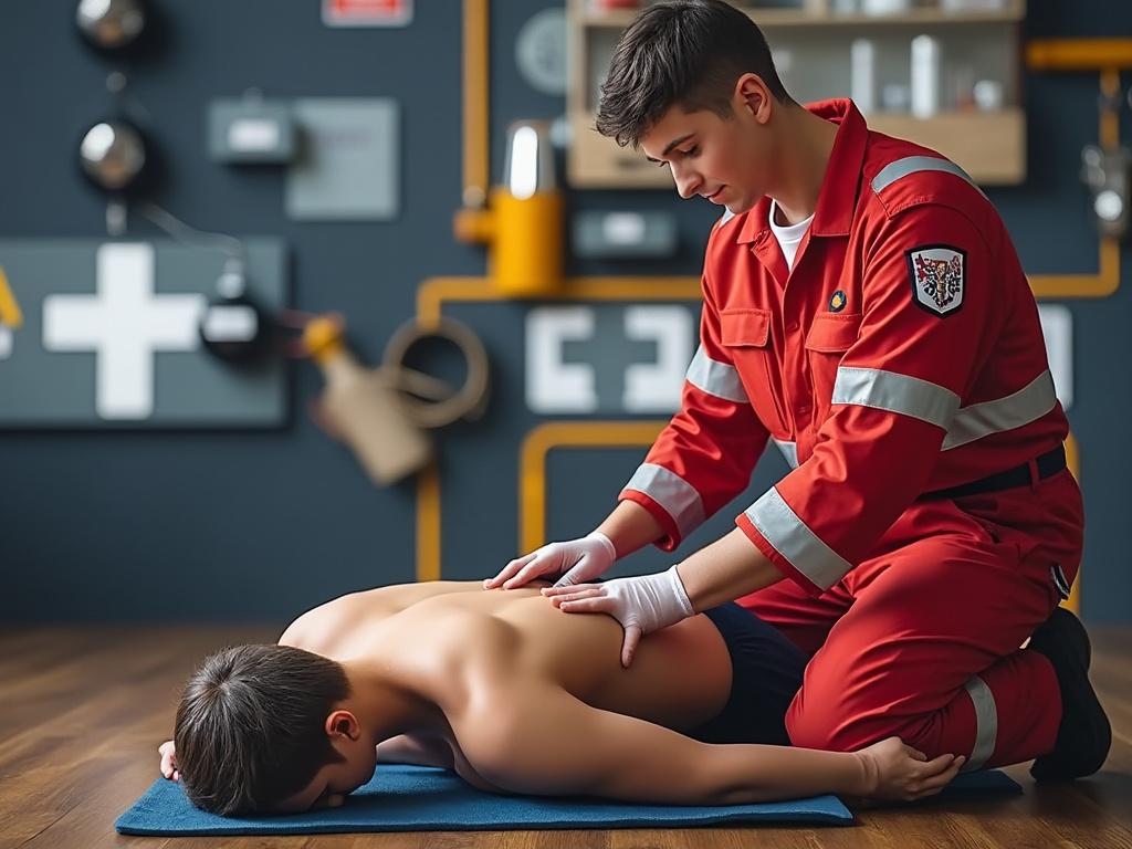 Emergency medical responder in red uniform performing first aid on a person lying face down on a mat indoors.