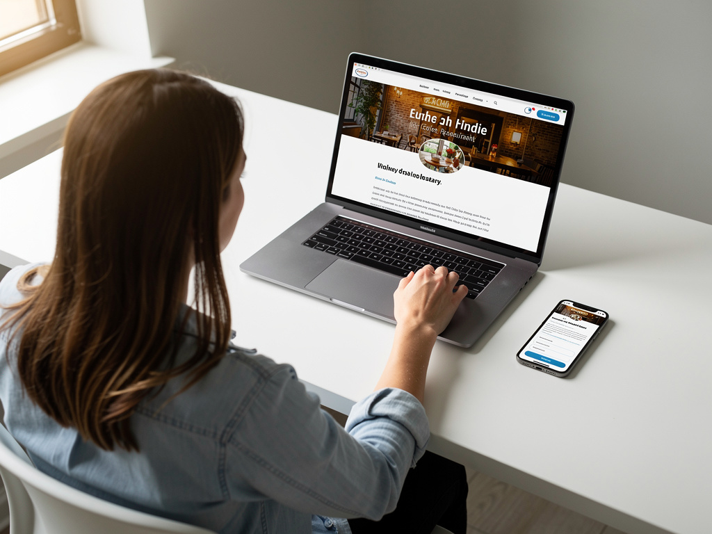 Woman using laptop and smartphone to browse a responsive restaurant website on a white desk