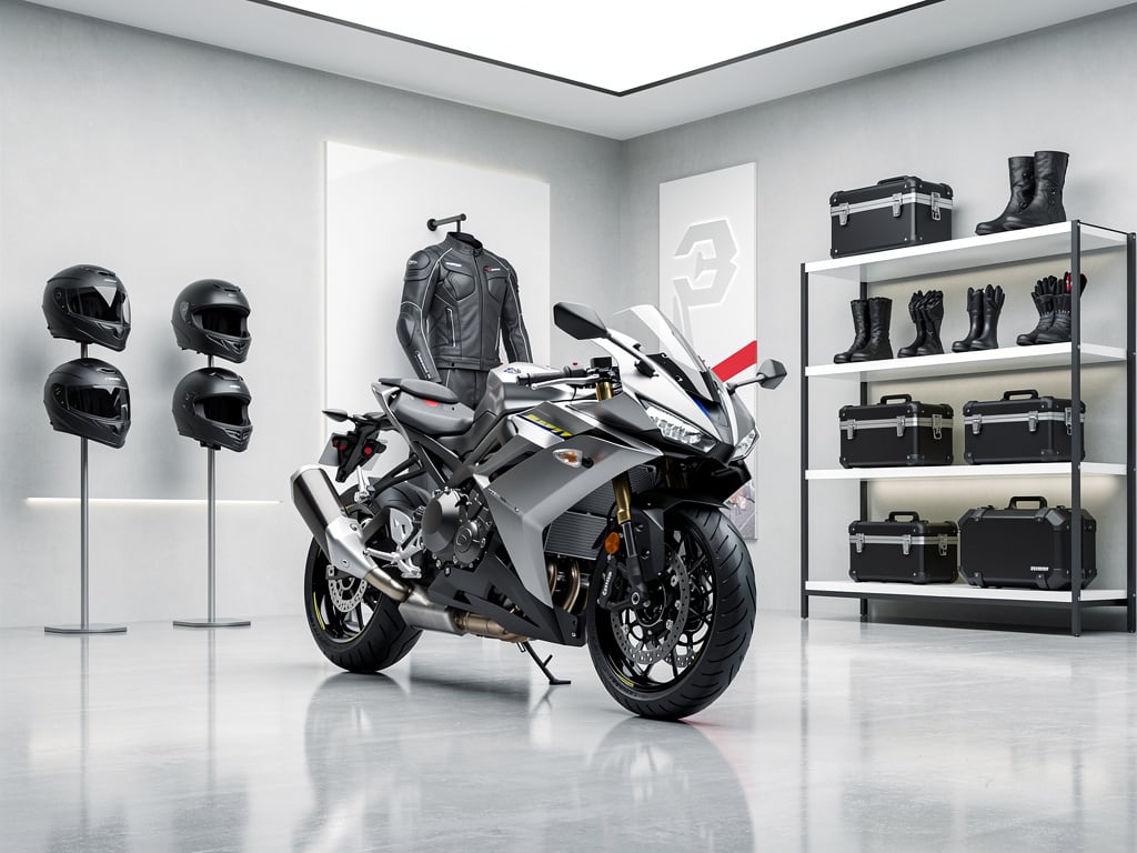 Motocicleta deportiva gris en showroom moderno con cascos, chaqueta, botas, guantes y maletas de equipaje para moto