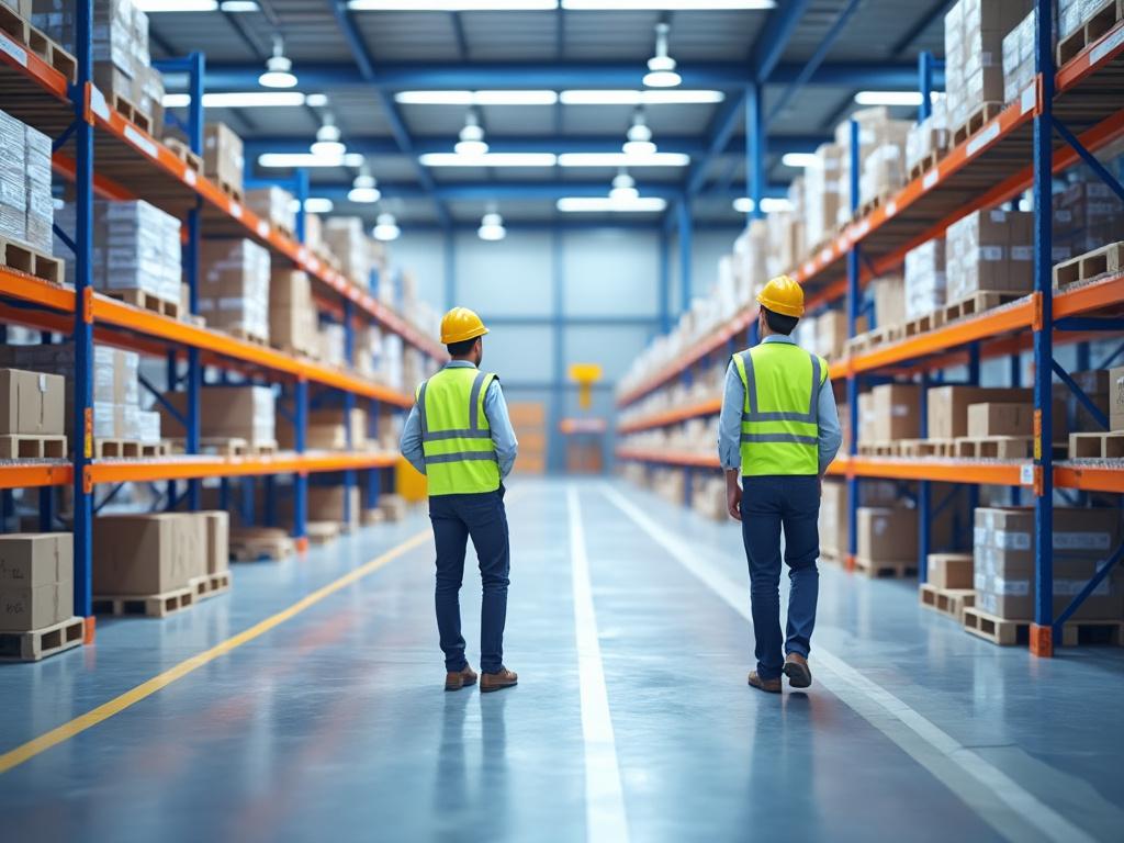Dos trabajadores con cascos y chalecos de seguridad caminando por un amplio almacén con estanterías llenas de cajas y productos.