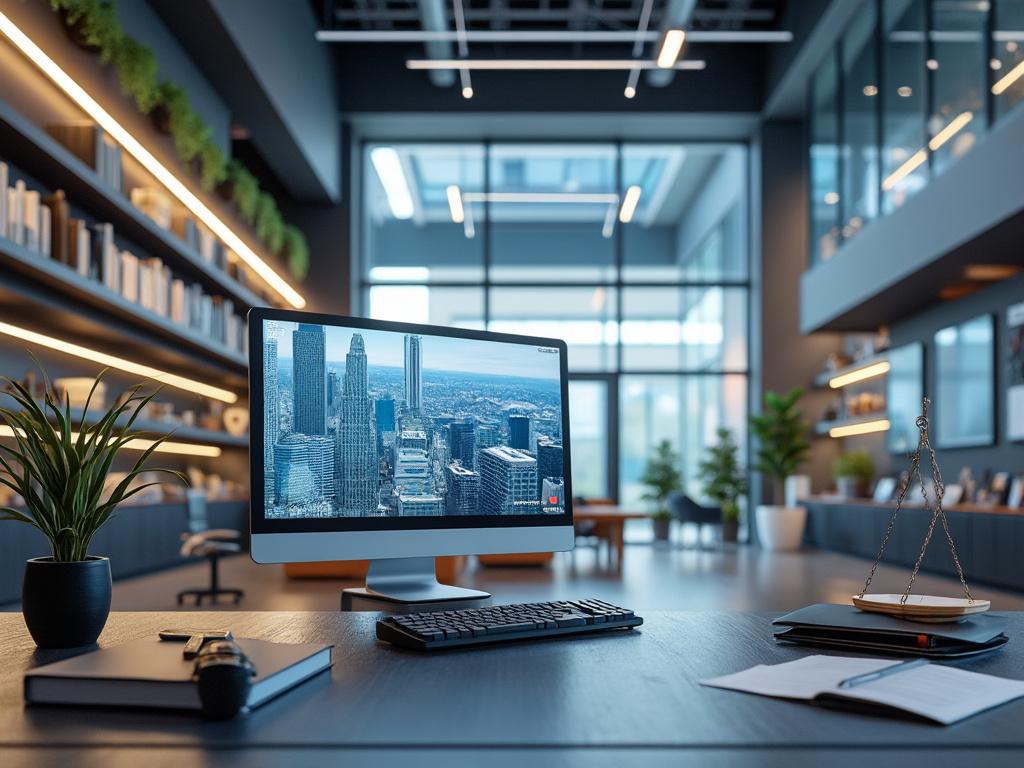 Oficina moderna con un ordenador mostrando una vista urbana, plantas y estanterías iluminadas en el fondo.