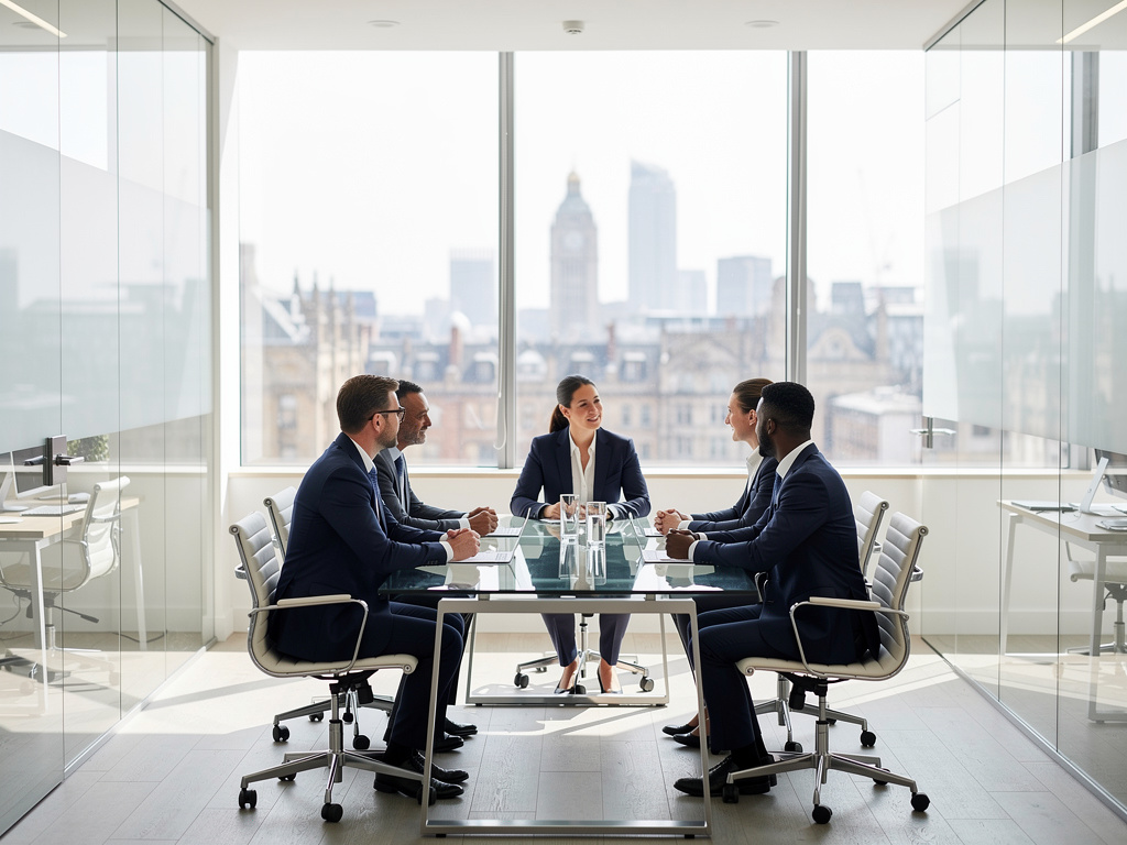 Business professionals in a modern glass conference room meeting with city skyline view