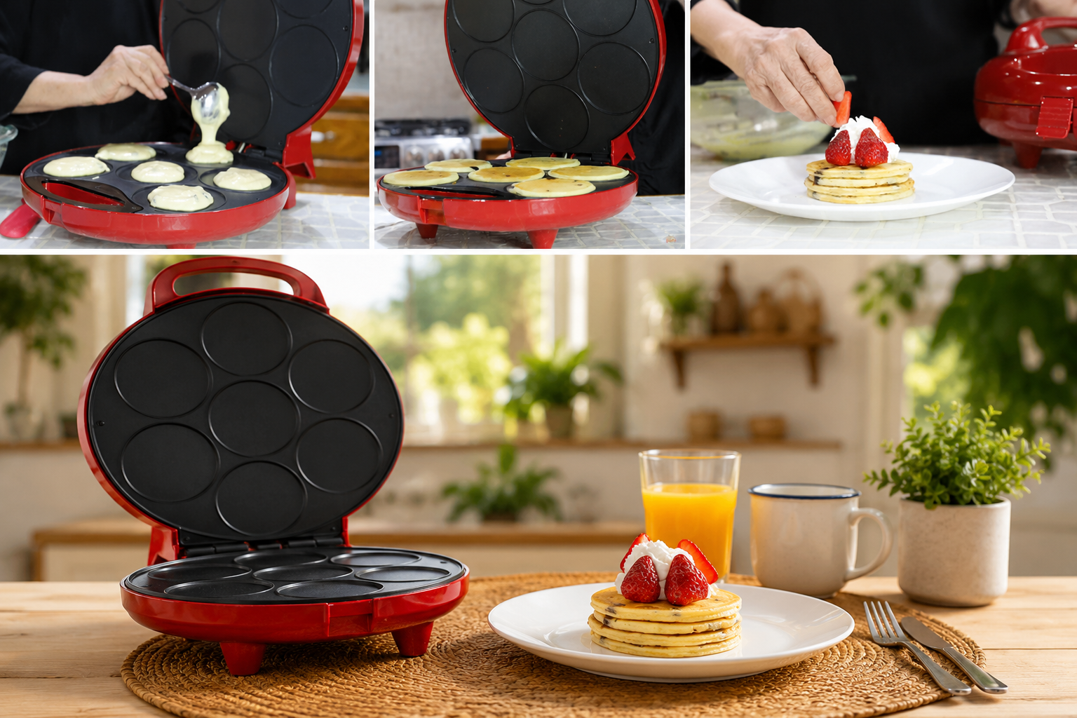 Máquina de hacer galletas roja con seis moldes redondos y galletas horneándose.