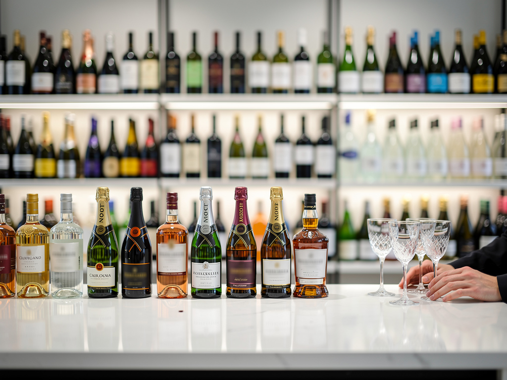 Botellas de vino y champán en mostrador de cata con copas de cristal y estanterías de licores al fondo