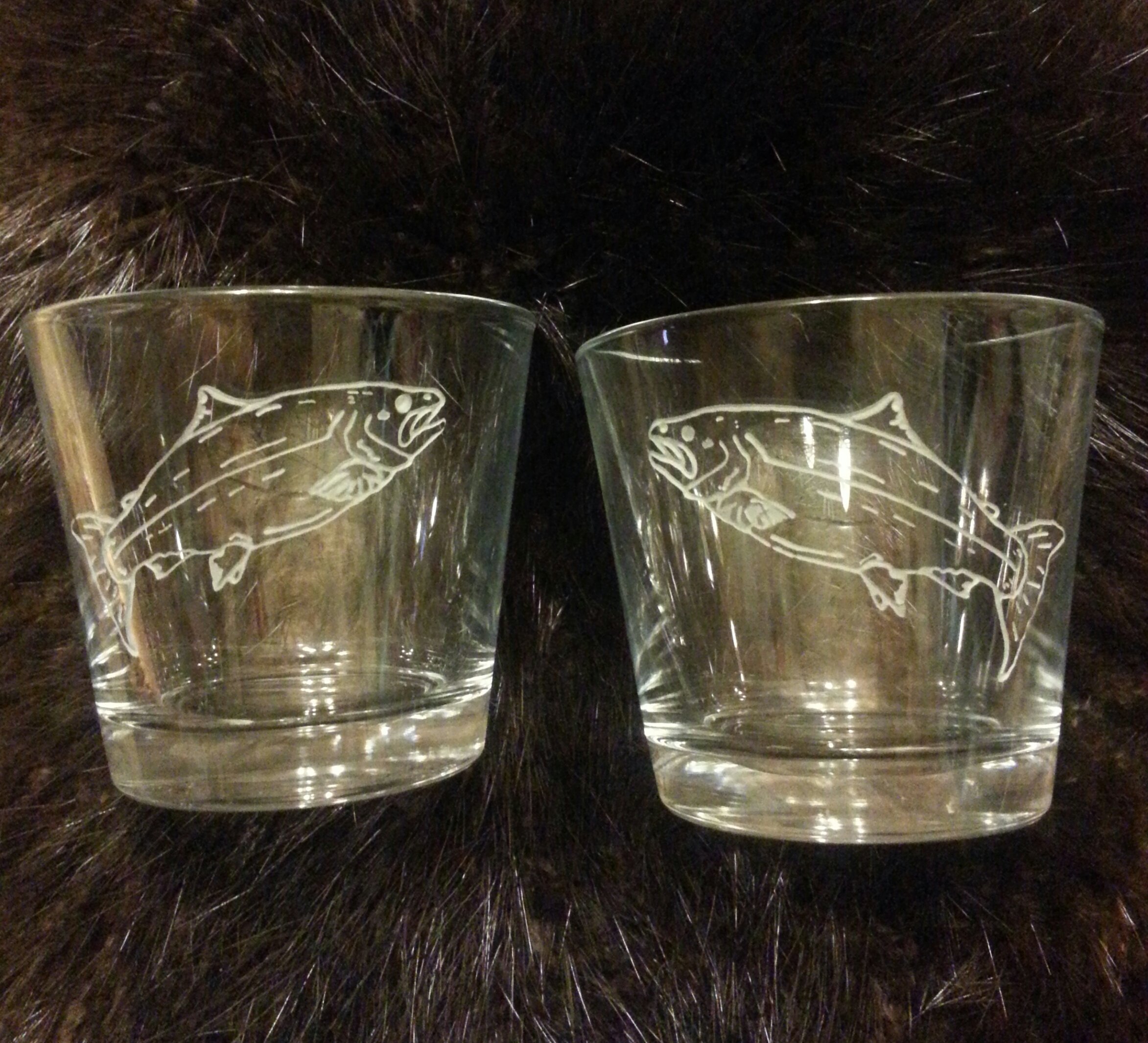 Salmon engraved old fashion glasses... $25.00 ea,  or $45 for 2...
