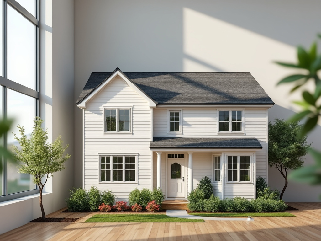 Modern white two-story house model in spacious room with large windows, surrounded by indoor plants.