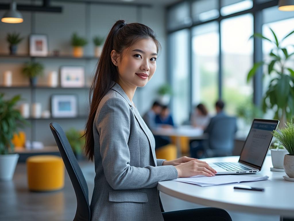 Mujer joven con traje gris trabajando en una laptop en una oficina moderna con plantas y grandes ventanales.