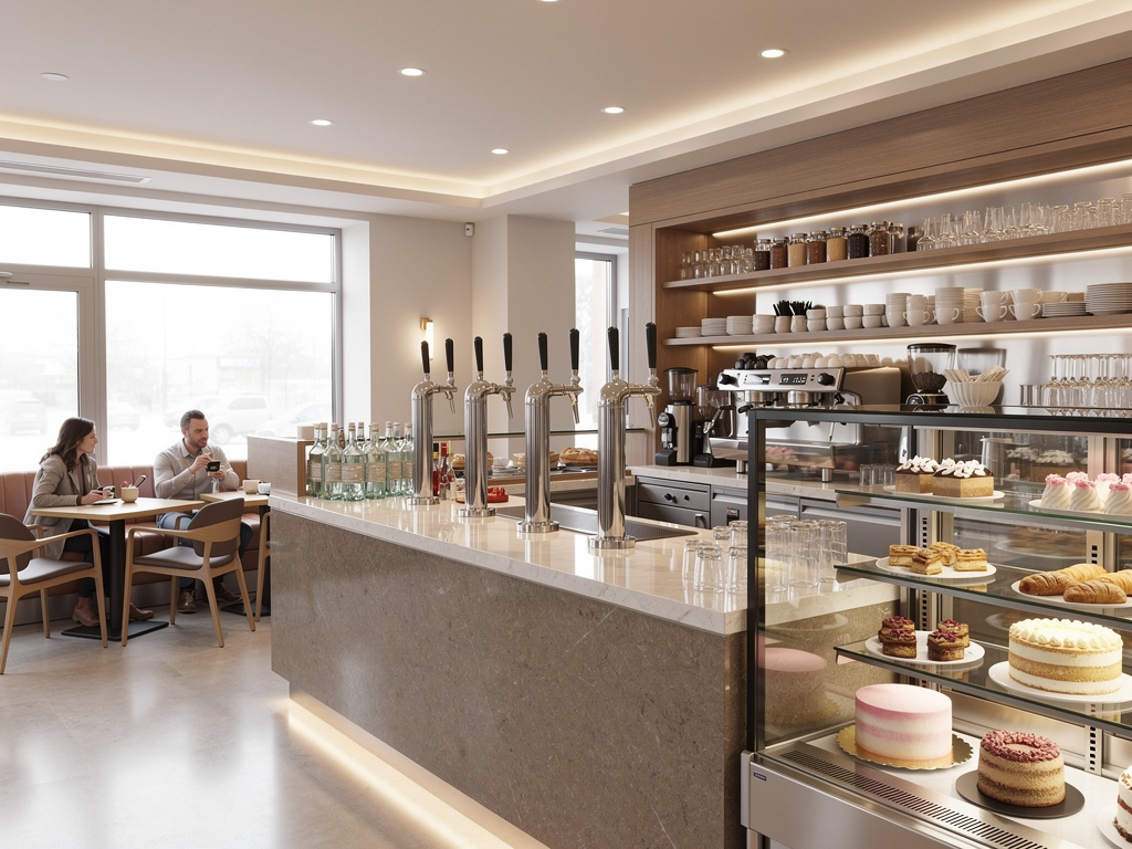Cafetería moderna con barra de mármol, grifos de cerveza, vitrinas de pasteles y clientes sentados junto a la ventana