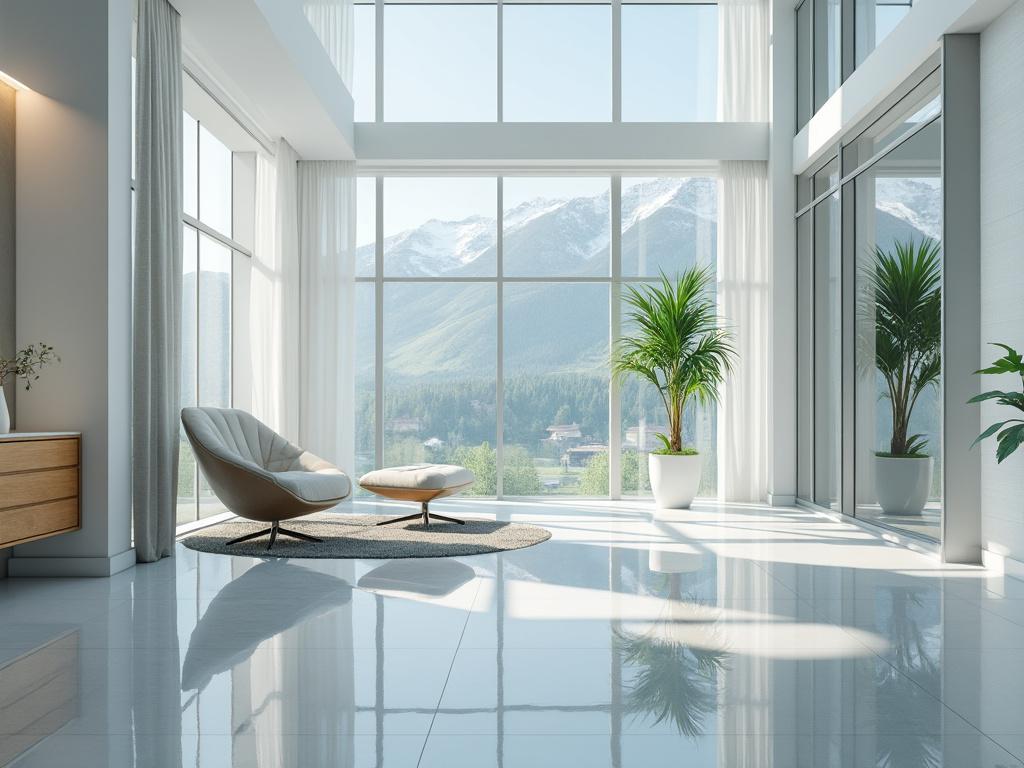 Sala moderna con grandes ventanales, sillón blanco y plantas, vista a montañas nevadas.