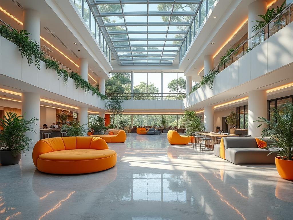 Modern atrium lobby with orange seating, large skylight, and indoor plants.