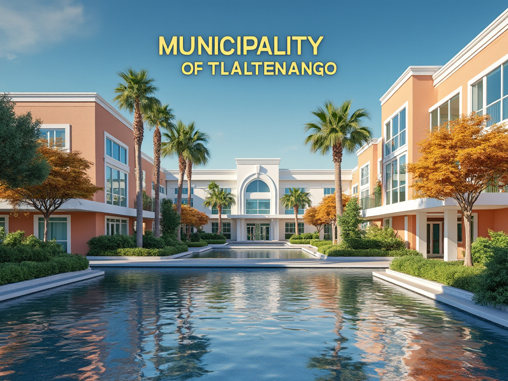 Edificio moderno del Municipio de Tlaltenango rodeado de palmeras y un estanque reflectante en un día soleado.