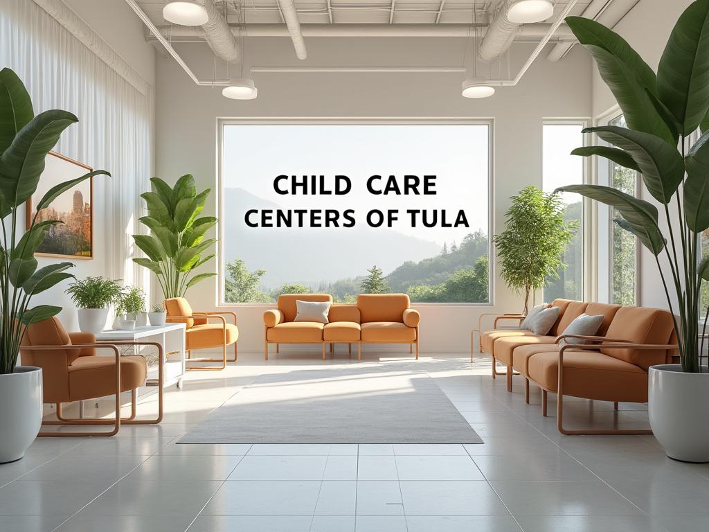 Sala de espera moderna con sofás anaranjados, plantas de interior y gran ventana al paisaje; texto 'Child Care Centers of Tula' al centro.