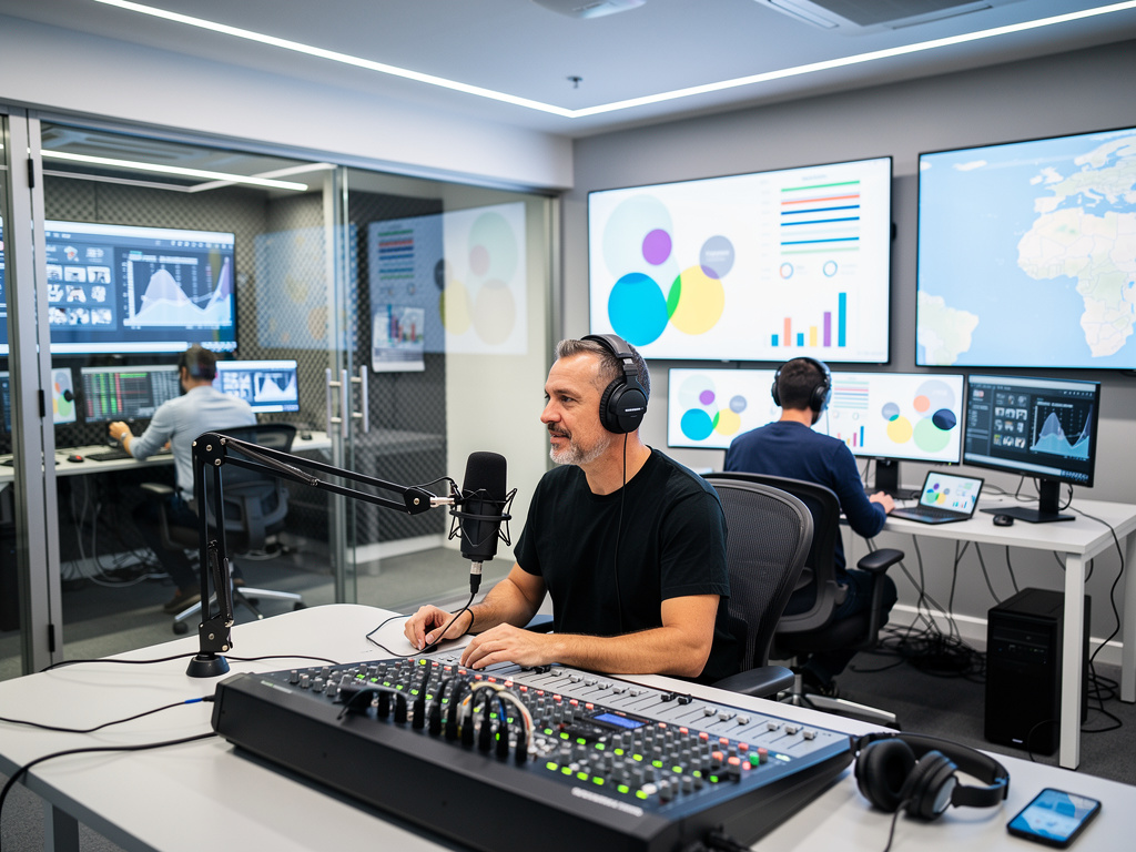 Locutor de radio con auriculares y micrófono en estudio moderno con mesa de mezclas y pantallas de análisis de datos