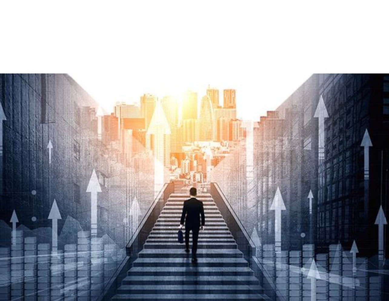 Businessman walking up stairs towards city skyline with rising arrow graphics, symbolizing growth and success. Businessman walking up stairs towards city skyline with rising arrow graphics, symbolizing growth and success.