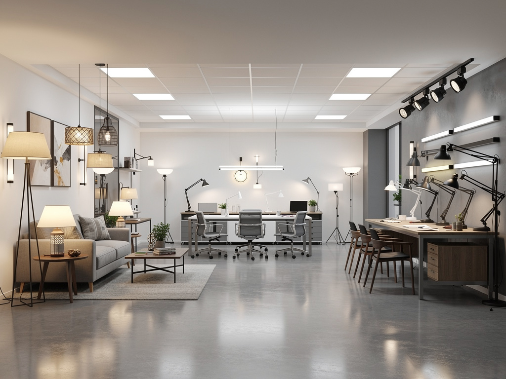 Showroom de iluminación moderno con lámparas de pie, escritorio y techo en oficina contemporánea