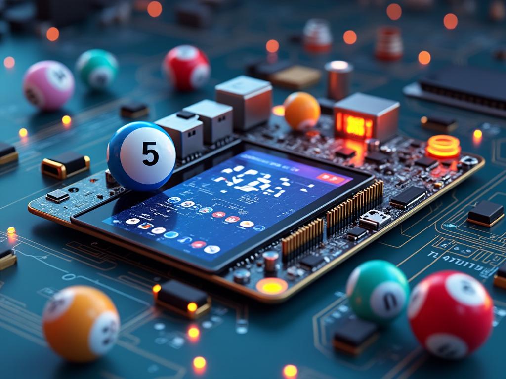 Close-up of a smartphone on a circuit board with lottery balls, representing technology and online gaming.