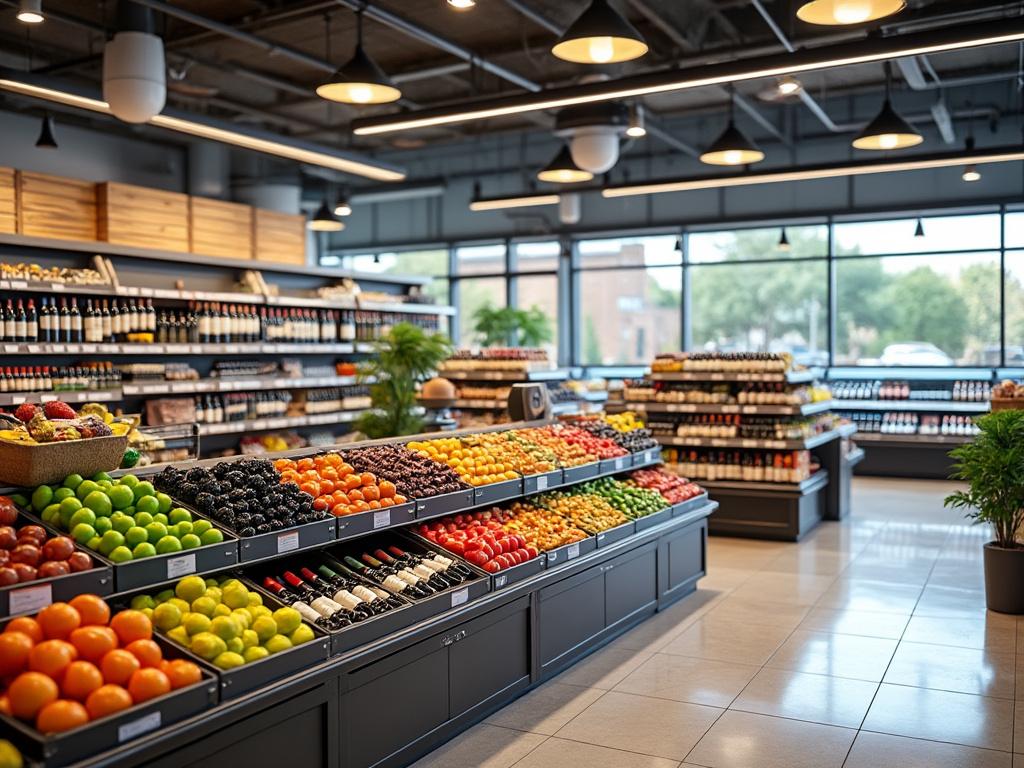 Interior de supermercado moderno con estantes llenos de frutas frescas y botellas de vino, amplias ventanas y plantas decorativas.
