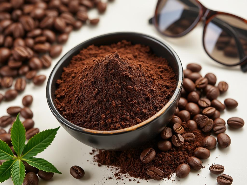 Tazón de café molido y granos de café con gafas de sol y una hoja verde, sobre fondo blanco.