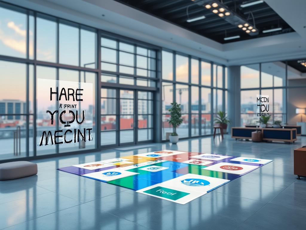 Espacio moderno y amplio con suelos de baldosas coloridas y ventanas grandes que ofrecen vista panorámica de la ciudad.