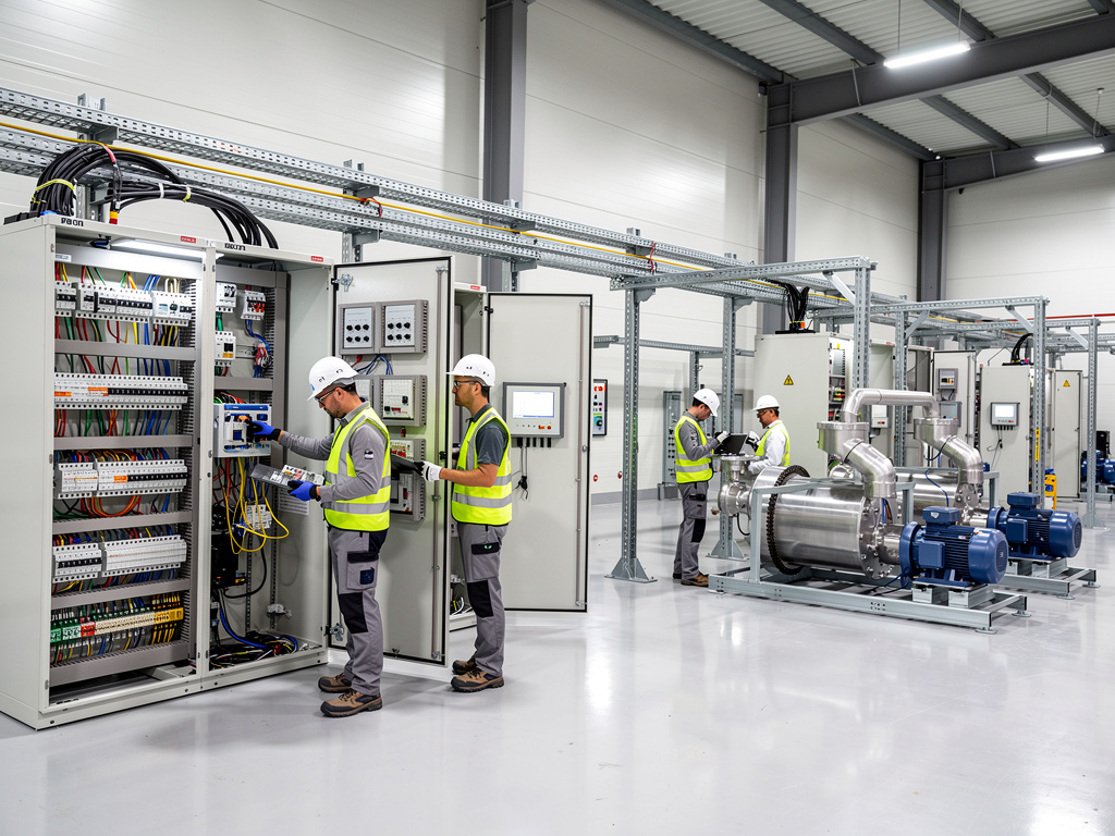 Técnicos industriales revisan paneles eléctricos y maquinaria en una planta moderna de automatización