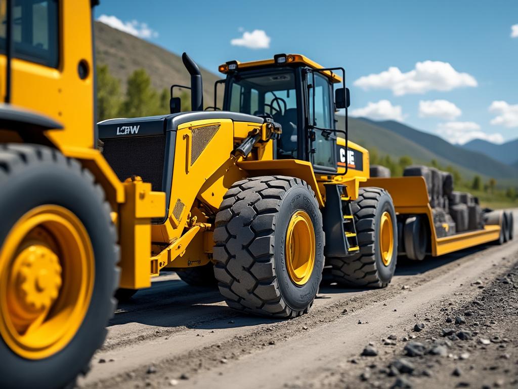 Cargadora amarilla en un camino de tierra con montañas al fondo, cielo azul y nubes.