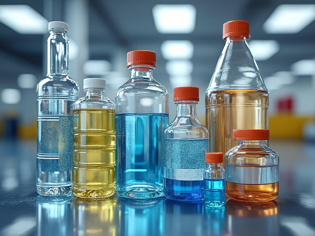 Botellas de vidrio y plástico con líquidos de diferentes colores y tapas naranjas sobre una mesa en un laboratorio.