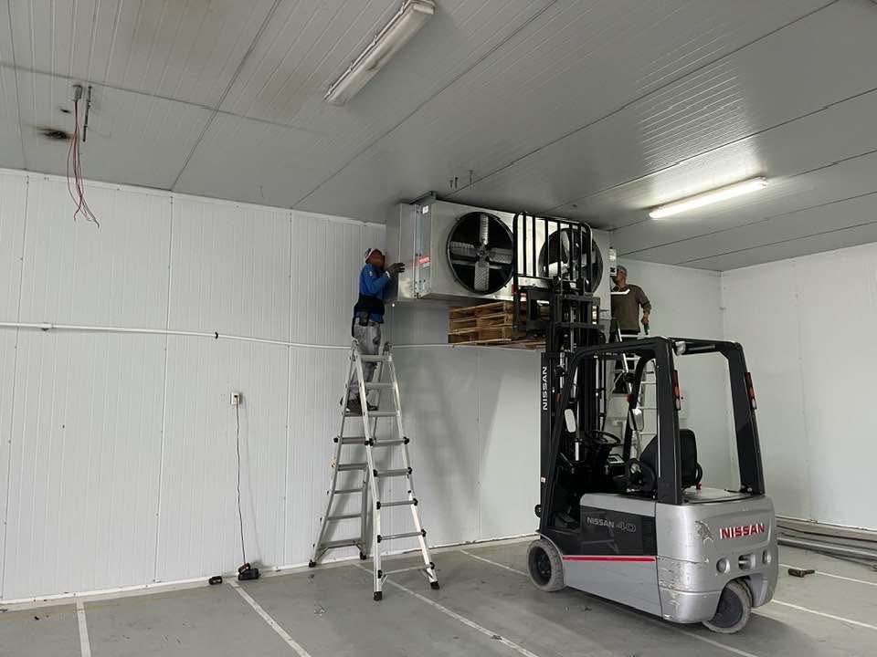 Trabajadores caminando en un pasillo de almacén con estantes refrigerados a los lados, iluminado por luces de techo.