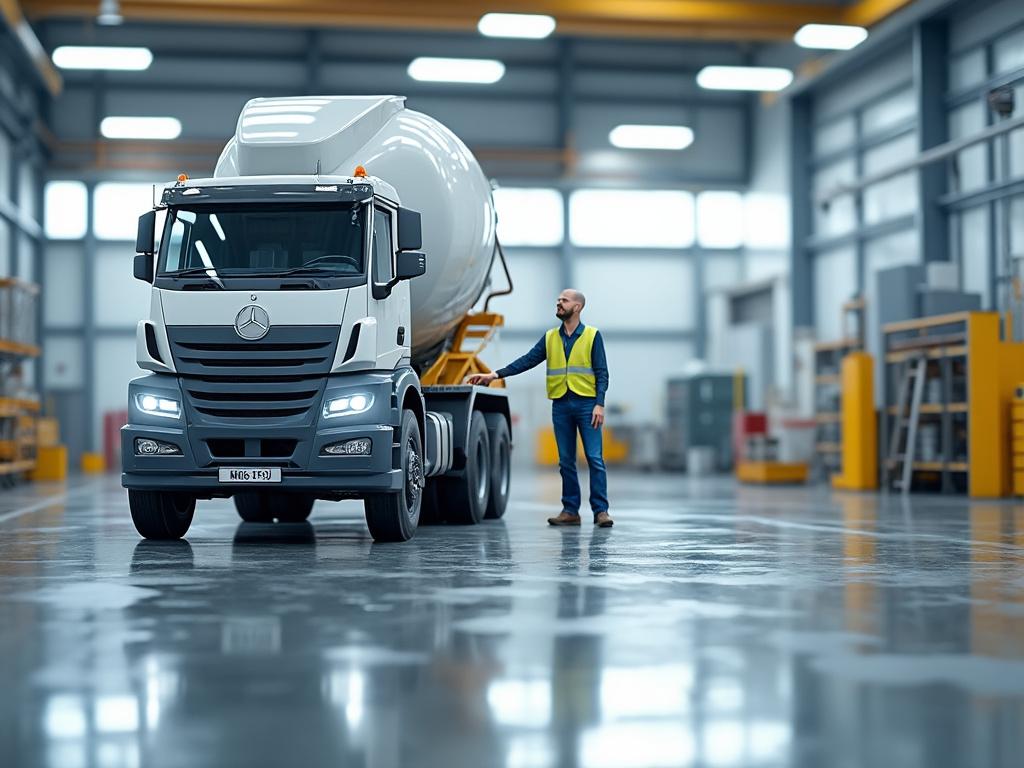 Camión de cemento blanco en un almacén moderno con un trabajador inspeccionando, usando chaleco de seguridad y casco.