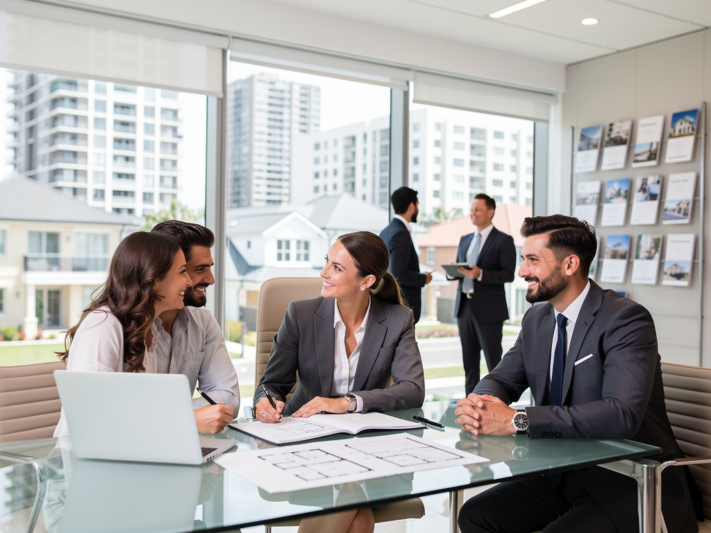 Agentes inmobiliarios asesorando a una pareja en una oficina moderna con planos, portátil y edificios de fondo