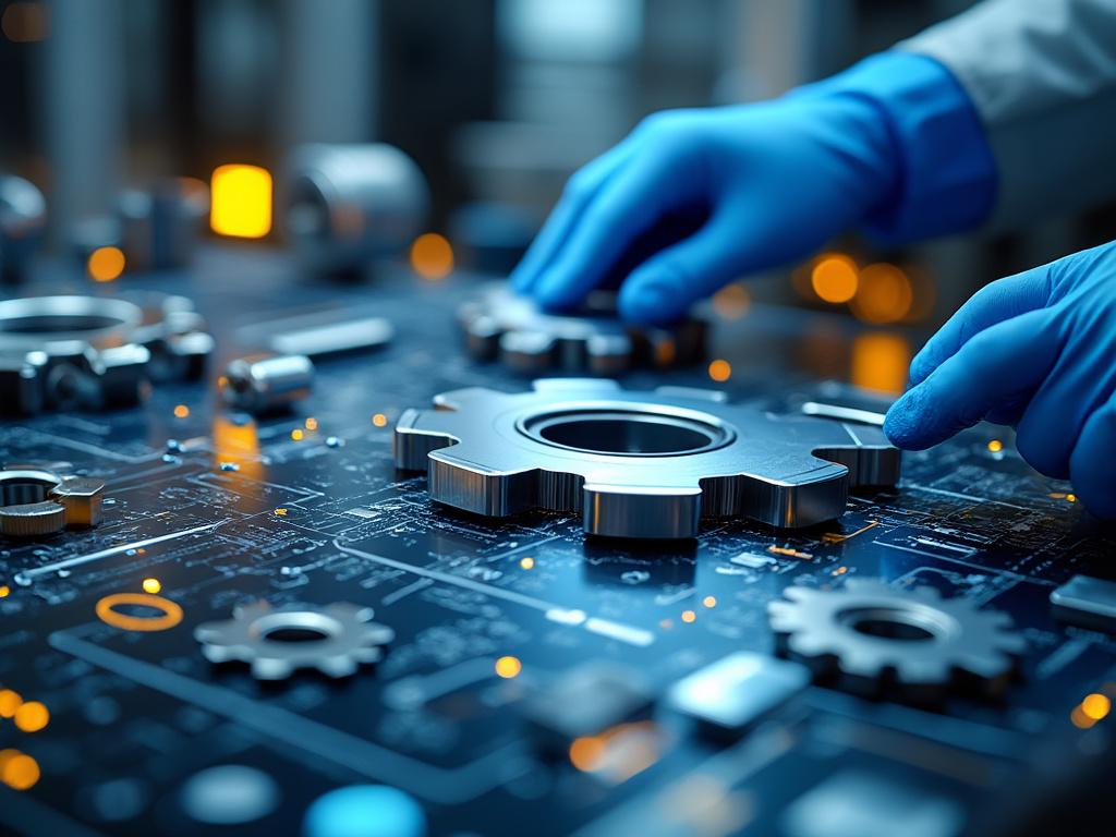 Gloved hands assembling metal gears on a digital circuit board with glowing lights.