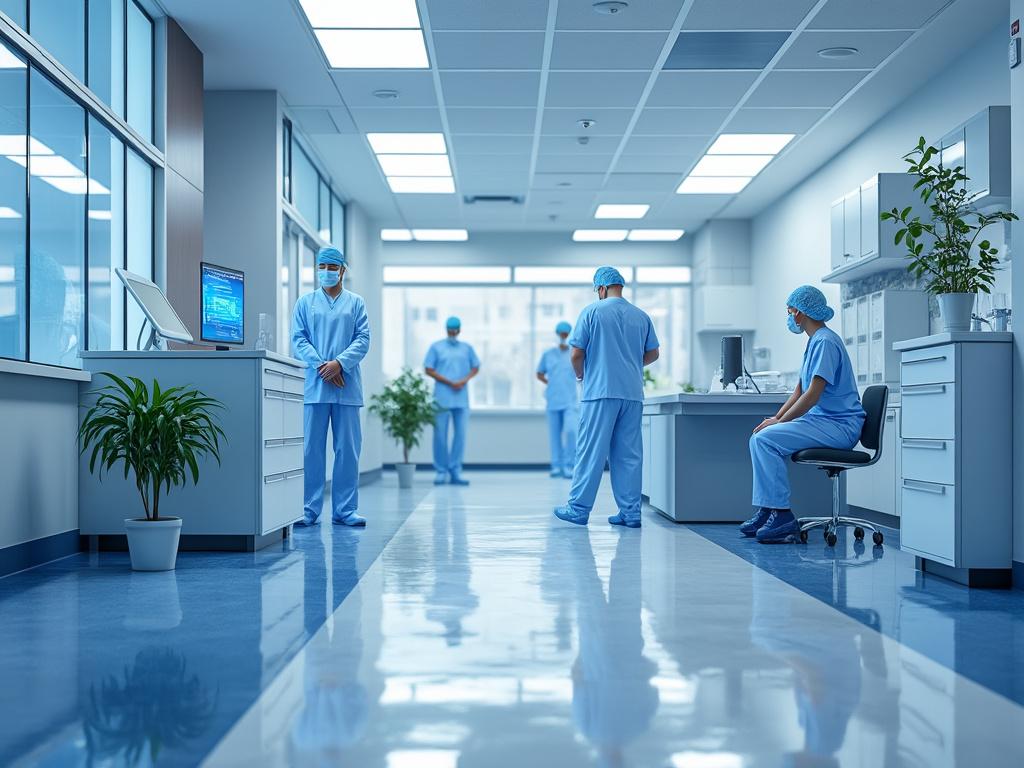Profesionales de la salud con batas azules en un moderno hospital, ambiente limpio y plantas decorativas.