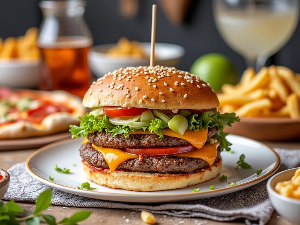 Hamburguesa doble con queso, lechuga, y tomate en plato blanco, acompañada de papas fritas y bebida en segundo plano.