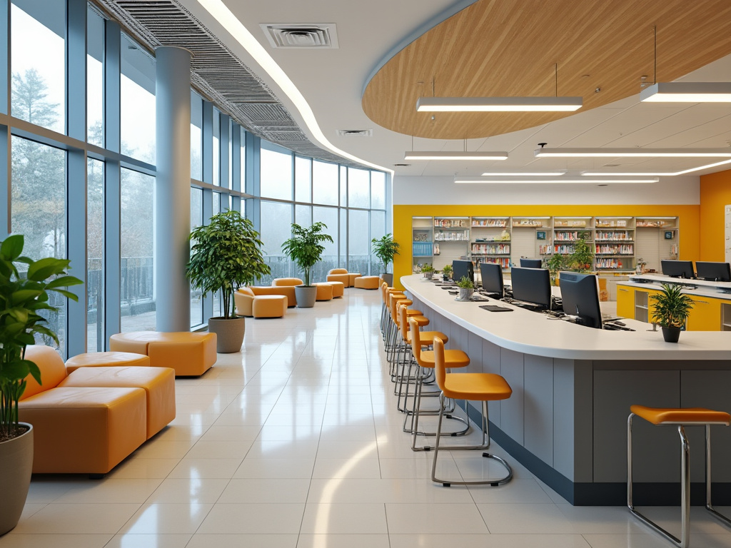 Interior moderno de biblioteca con muebles naranjas, computadoras en mostrador curvo, estanterías llenas de libros y plantas decorativas.