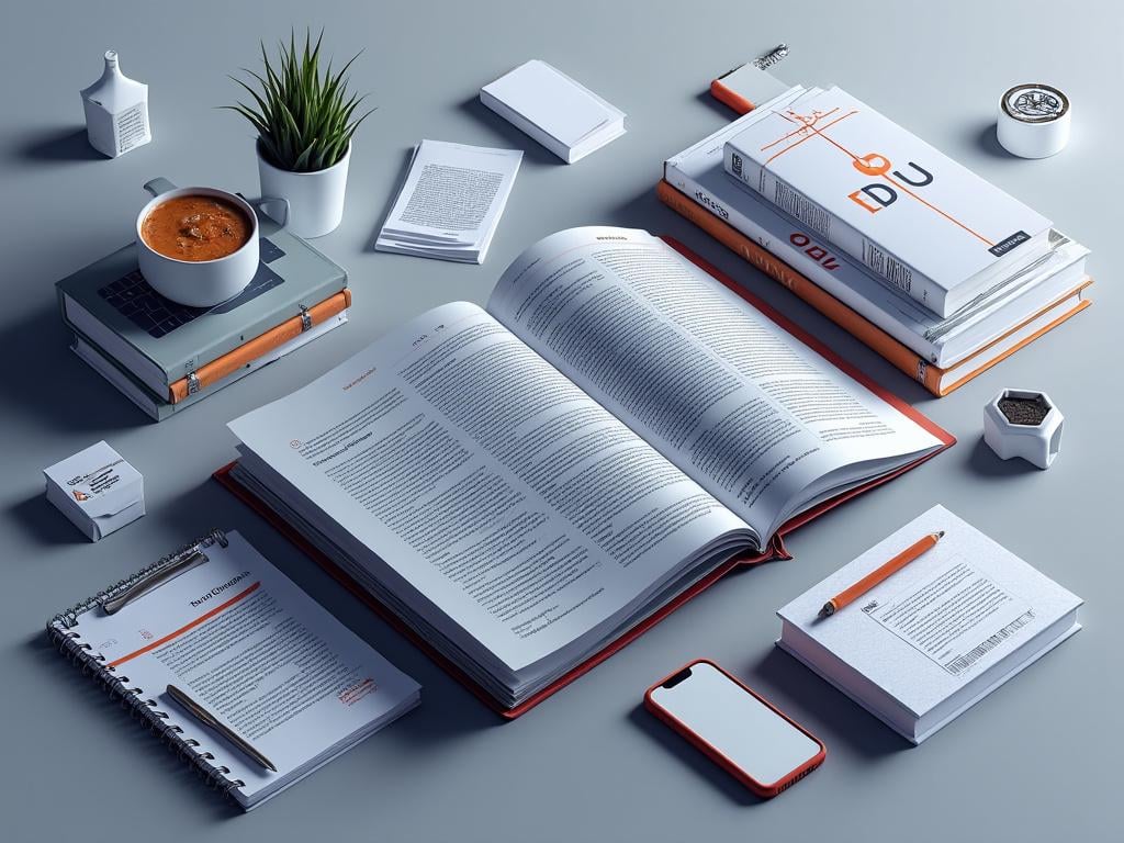 Mesa de estudio con libros abiertos, taza de café, teléfono móvil, cuaderno, planta en maceta y útiles de oficina organizados.