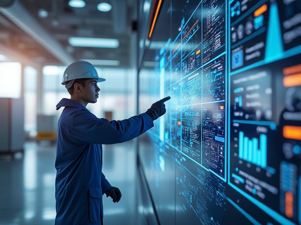 Ingeniero con casco operando una pantalla táctil futurista en una fábrica, con gráficos de datos y tecnología avanzada.